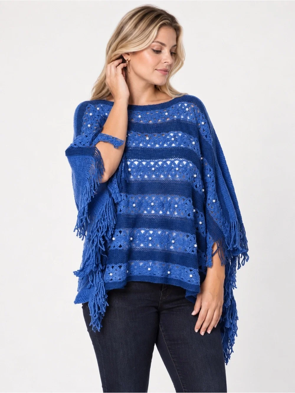 Blue Gray Stripe Knit Poncho Fringe Faux Pearl One Size Acrylic